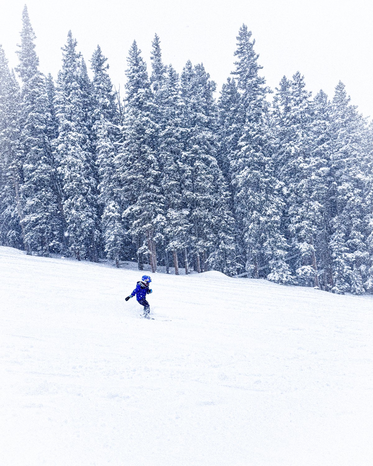 A young skier alone on a groomed run at Ski Cooper during a snowstorm, snow-covered pines behind